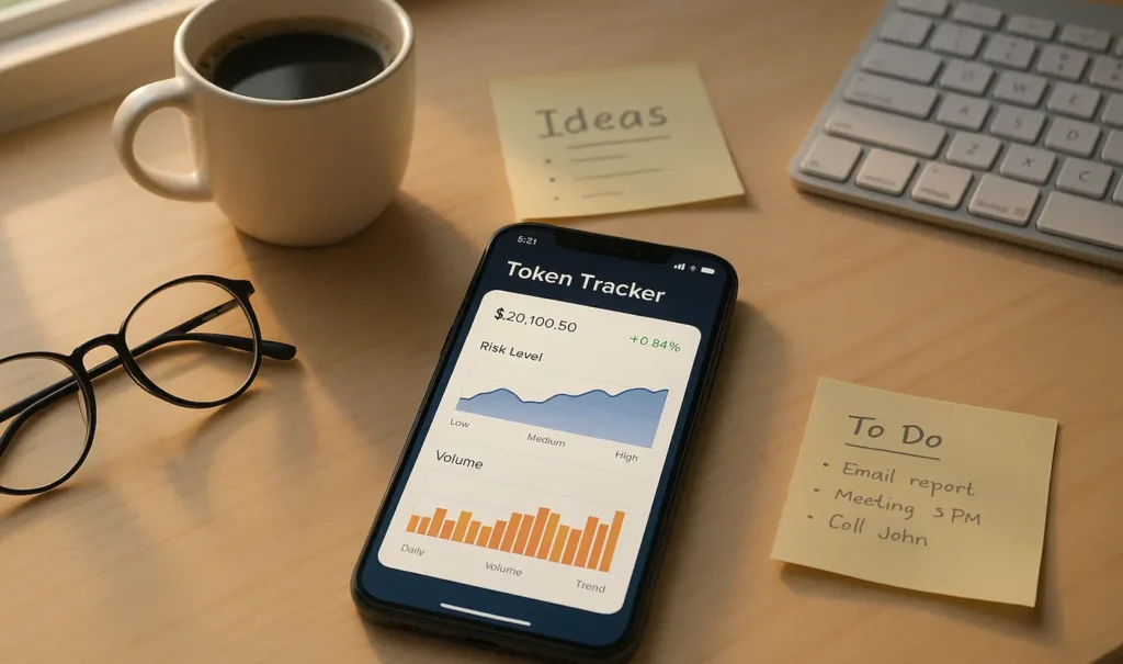 workspace table with a smartphone showing a token tracking app, including risk and volume charts, surrounded by notes, glasses, a coffee cup, and a keyboard