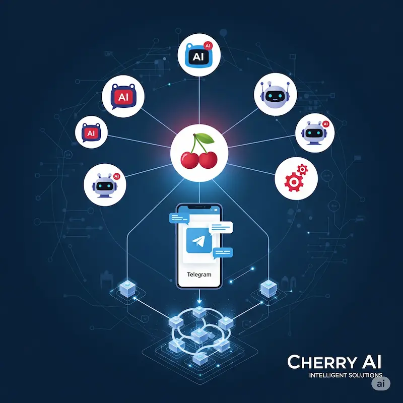 Cherry AI ecosystem con bots de Telegram y tokens AIBOT flotando en un ambiente futurista