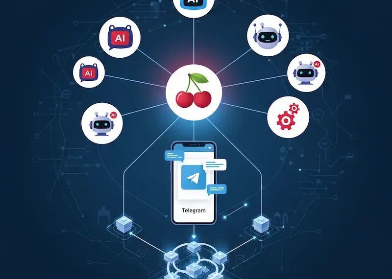 Cherry AI ecosystem visualization, interconnected AI bots, Telegram platform integration, blockchain network, modern tech company branding, professional corporate design